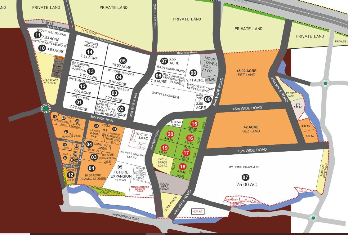 Neopolis layout plan showing project parcels, 45 m wide roads and SEZ land